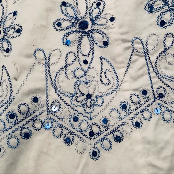 Togo Size 14 White Aline Skirt w Blue Cross Stitch Embroidered Floral Pattern - Picture 3 of 8